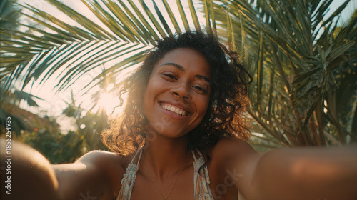 Smiling young woman taking selfie under palm tree on sunny day