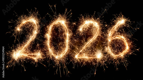 Sparkling 2026 written in sparklers on black background
