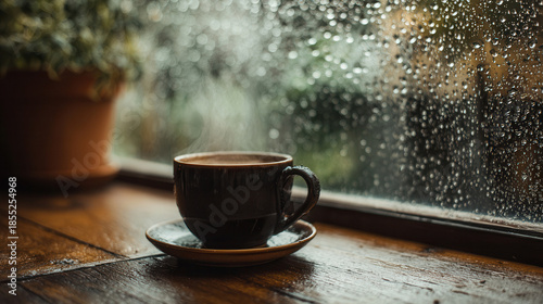 Cozy morning with steaming cup on rainy day by window