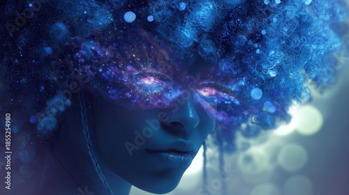 Cosmic woman with galaxy eyes and vibrant blue hair
