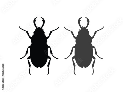 Two stag beetle silhouettes one solid black one with grey shading