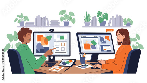 Modern flat vector illustration of graphic designers working together in creative studio with computers and tools, ideal for design agency and business content