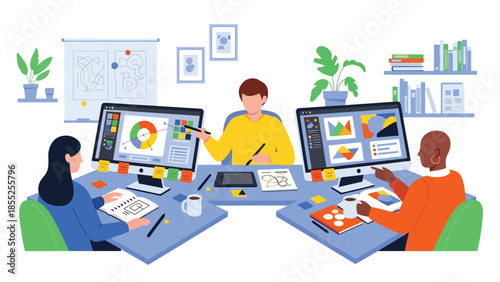 Modern flat vector illustration of graphic designers working together in creative studio with computers and tools, ideal for design agency and business content