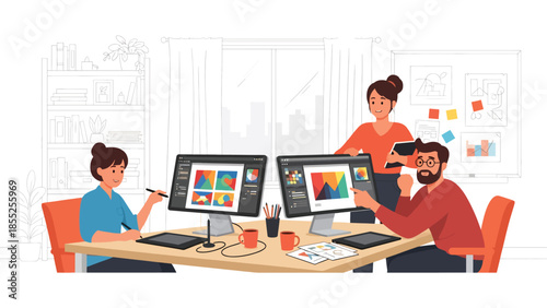 Modern flat vector illustration of graphic designers working together in creative studio with computers and tools, ideal for design agency and business content