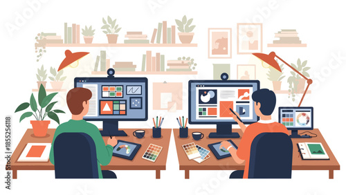 Modern flat vector illustration of graphic designers working together in creative studio with computers and tools, ideal for design agency and business content