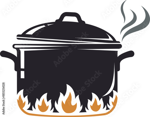 A black pot with a lid on fire with steam coming out