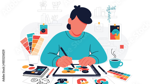 Modern flat vector illustration of illustrator drawing on digital tablet in creative studio, ideal for art, design and creative workflow concepts