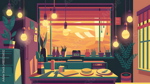 Cozy kitchen at sunset