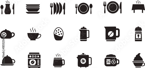 A set of 20 black kitchen and household icons on a white background