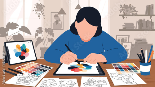 Modern flat vector illustration of illustrator drawing on digital tablet in creative studio, ideal for art, design and creative workflow concepts