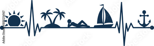 Beach scene silhouette with ecg line art design
