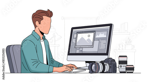 Modern flat vector illustration of photographer editing photos on computer in studio with camera equipment, ideal for photography and media themes