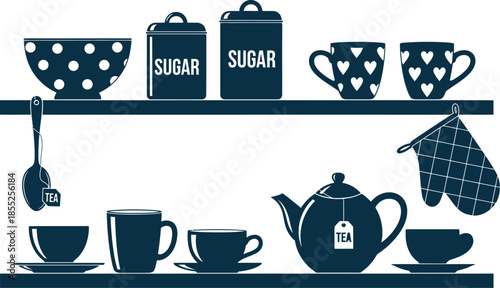 Black and white kitchen shelf with tea cups and teapot