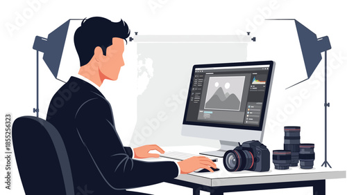 Modern flat vector illustration of photographer editing photos on computer in studio with camera equipment, ideal for photography and media themes
