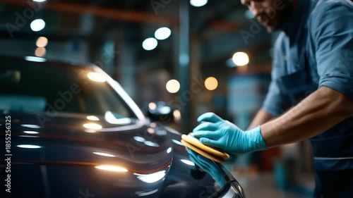 Wallpaper Mural Vehicle detailing service with gloved hand buffing sleek surface faceless technician defocused automobile background polishing activity using rotary tool professional shine Torontodigital.ca