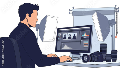 Modern flat vector illustration of photographer editing photos on computer in studio with camera equipment, ideal for photography and media themes