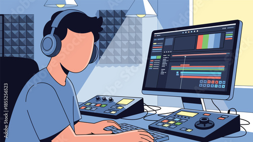 Modern flat vector illustration of video editor working with editing timeline and headphones in media studio, ideal for film and video production themes