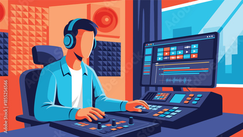 Modern flat vector illustration of video editor working with editing timeline and headphones in media studio, ideal for film and video production themes