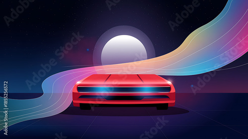 Red sports car speeding through neon cityscape