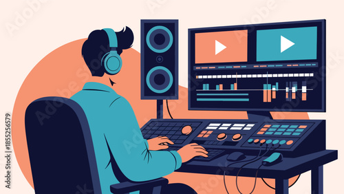 Modern flat vector illustration of video editor working with editing timeline and headphones in media studio, ideal for film and video production themes