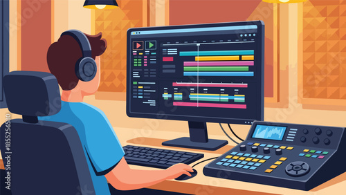 Modern flat vector illustration of video editor working with editing timeline and headphones in media studio, ideal for film and video production themes