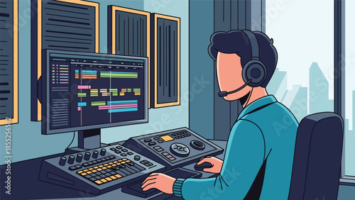 Modern flat vector illustration of video editor working with editing timeline and headphones in media studio, ideal for film and video production themes