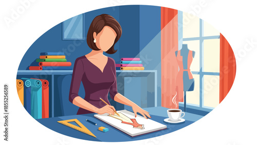 Modern flat vector illustration of fashion designer sketching clothing ideas in fashion studio, ideal for fashion design and creative industry visuals
