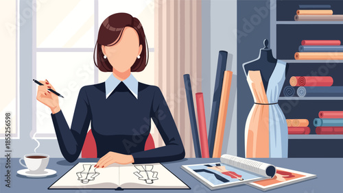 Modern flat vector illustration of fashion designer sketching clothing ideas in fashion studio, ideal for fashion design and creative industry visuals
