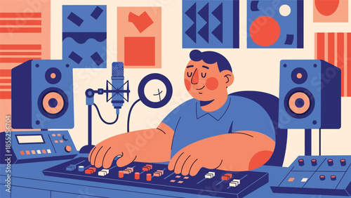 Modern flat vector illustration of music producer working at mixing desk in recording studio, ideal for music production and creative media themes