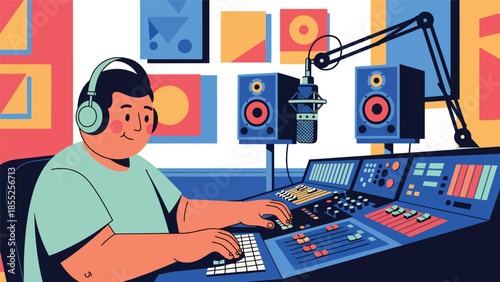 Modern flat vector illustration of music producer working at mixing desk in recording studio, ideal for music production and creative media themes