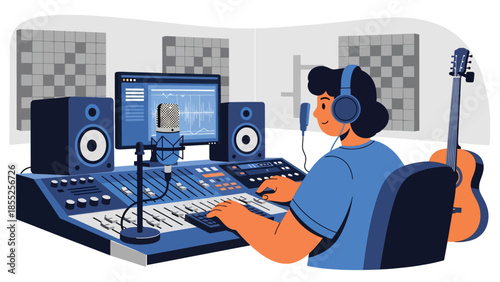 Modern flat vector illustration of music producer working at mixing desk in recording studio, ideal for music production and creative media themes