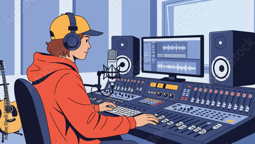 Modern flat vector illustration of music producer working at mixing desk in recording studio, ideal for music production and creative media themes