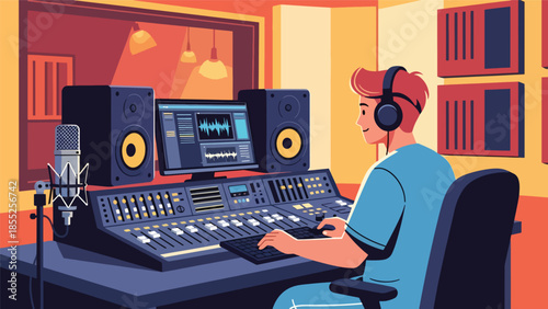 Modern flat vector illustration of music producer working at mixing desk in recording studio, ideal for music production and creative media themes