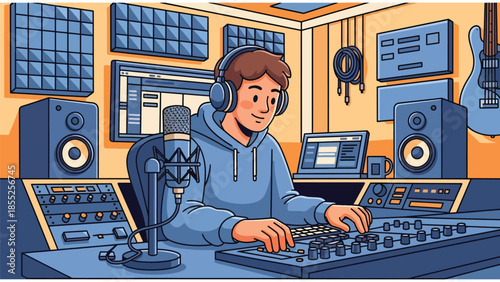 Modern flat vector illustration of music producer working at mixing desk in recording studio, ideal for music production and creative media themes