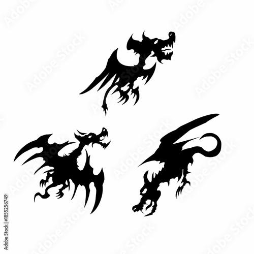 Dragon silhouette vector set featuring aggressive fantasy monster heads with sharp claws and wings, dark gothic style for tattoos, logos, apparel, and game design