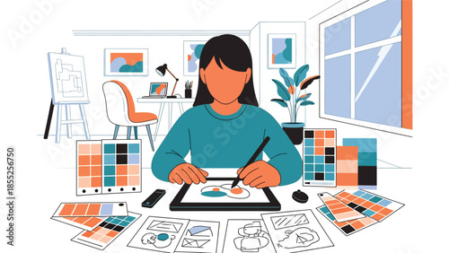 Modern flat vector illustration of illustrator drawing on digital tablet in creative studio, ideal for art, design and creative workflow concepts