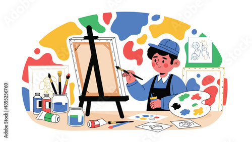 Modern flat vector illustration of artist painting on canvas in art studio, ideal for fine art, creativity and artistic profession visuals