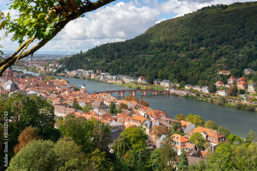 Old Bridge over Neckar River Through Trees.A high angle, view of Heidelberg’s old town and the old bridge over the Neckar River. Heidelberg, Germany.
