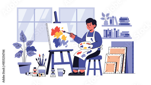 Modern flat vector illustration of artist painting on canvas in art studio, ideal for fine art, creativity and artistic profession visuals