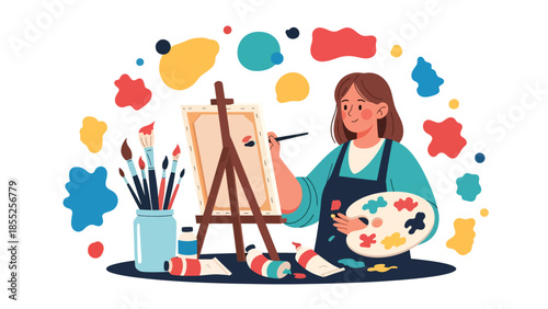 Modern flat vector illustration of artist painting on canvas in art studio, ideal for fine art, creativity and artistic profession visuals
