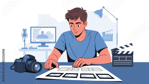 Modern flat vector illustration of filmmaker planning shots with storyboard and camera in studio, ideal for film production and storytelling visuals