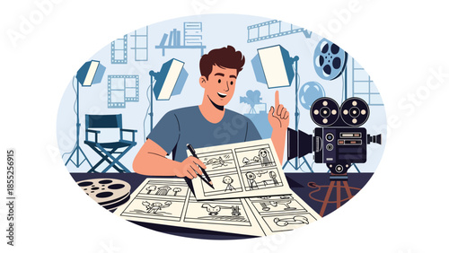 Modern flat vector illustration of filmmaker planning shots with storyboard and camera in studio, ideal for film production and storytelling visuals