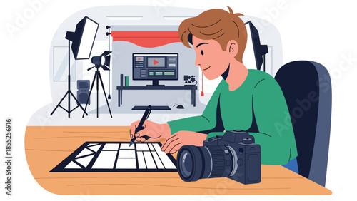 Modern flat vector illustration of filmmaker planning shots with storyboard and camera in studio, ideal for film production and storytelling visuals