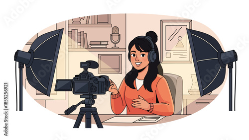 Modern flat vector illustration of beauty content creator recording video in home studio, ideal for influencer, streaming and online media themes