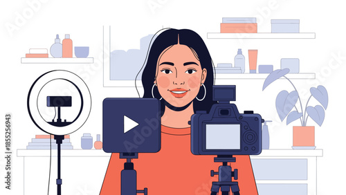 Modern flat vector illustration of beauty content creator recording video in home studio, ideal for influencer, streaming and online media themes