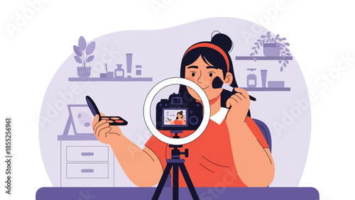 Modern flat vector illustration of beauty content creator recording video in home studio, ideal for influencer, streaming and online media themes