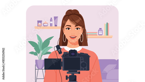 Modern flat vector illustration of beauty content creator recording video in home studio, ideal for influencer, streaming and online media themes