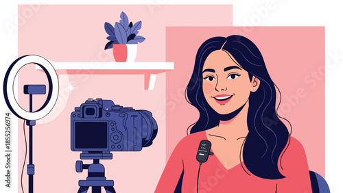 Modern flat vector illustration of beauty content creator recording video in home studio, ideal for influencer, streaming and online media themes