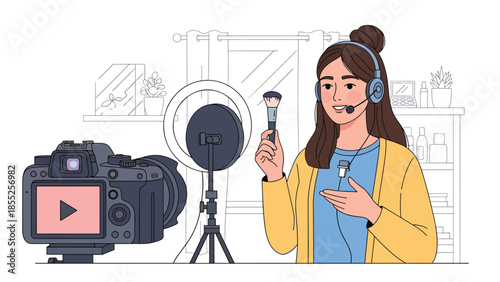 Modern flat vector illustration of beauty content creator recording video in home studio, ideal for influencer, streaming and online media themes