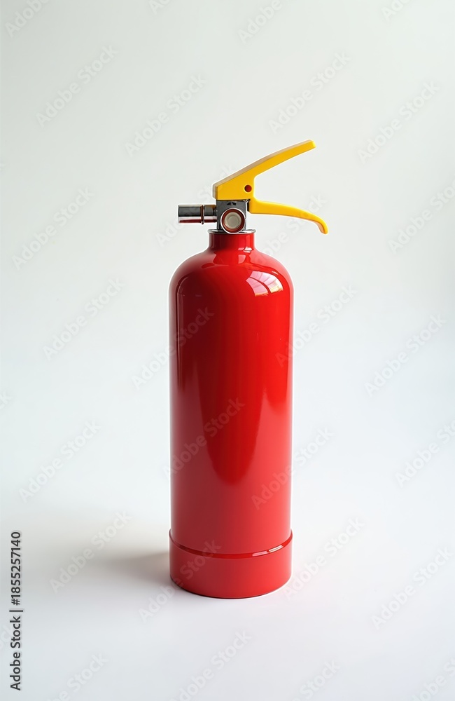 Obraz premium Red portable fire extinguisher with yellow handle and nozzle. Isolated on white background. Fire safety equipment for emergencies. Ready for use.